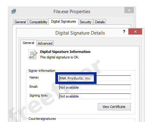 Screenshot of the RNK Products, Inc. certificate